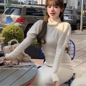 Cream Ivory Japanese Turtleneck Puffy Sleeves Knitted Sweater Blouse Shirt Top